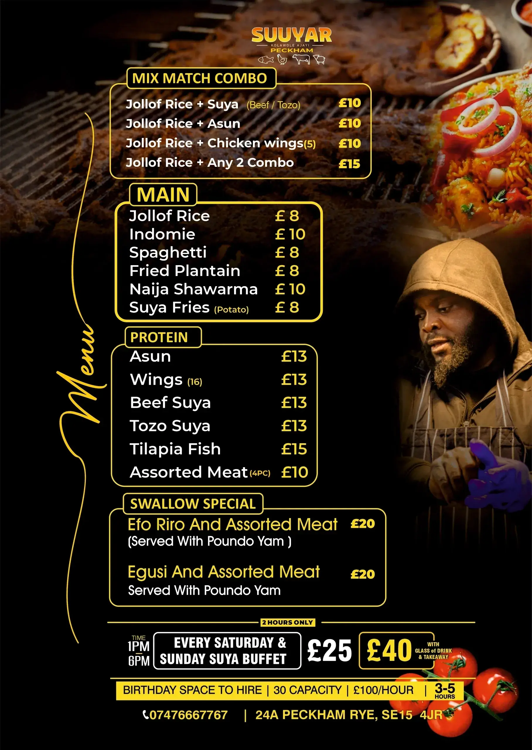 Restaurant menu featuring various African dishes.