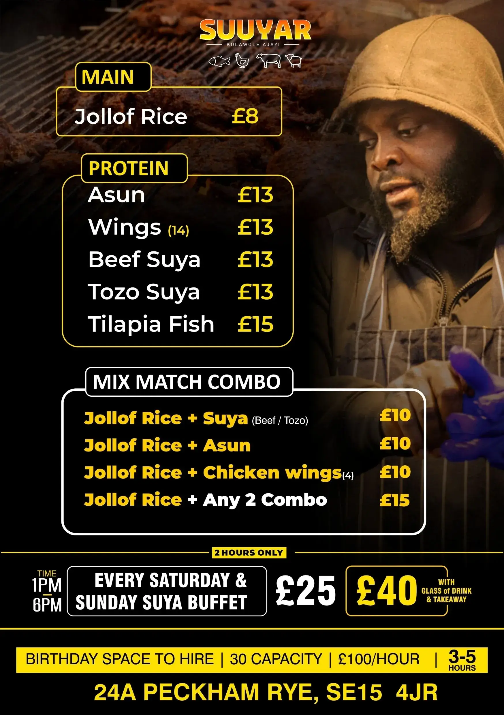 Menu board with various dishes and prices.