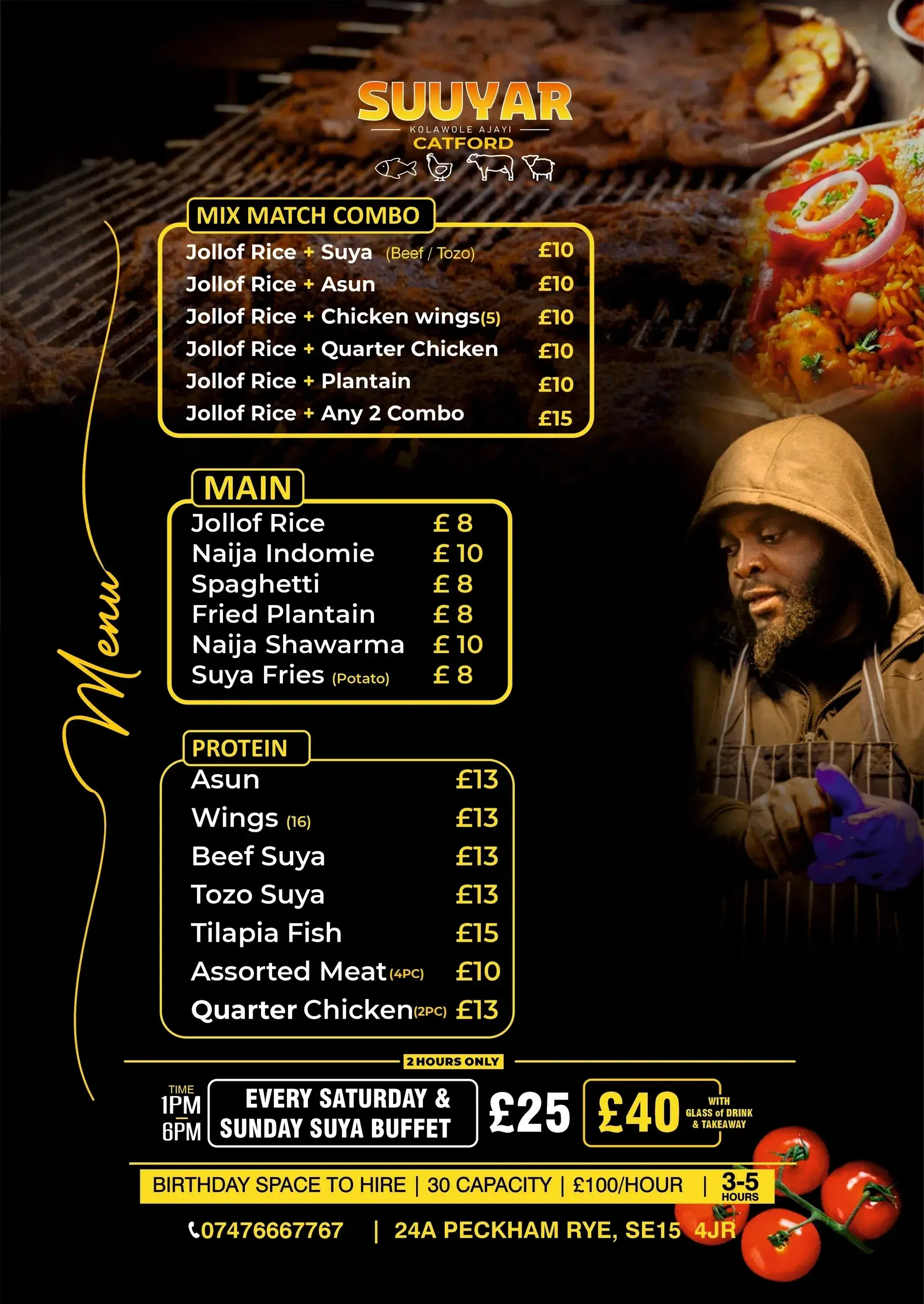 Menu featuring various rice and protein dishes.